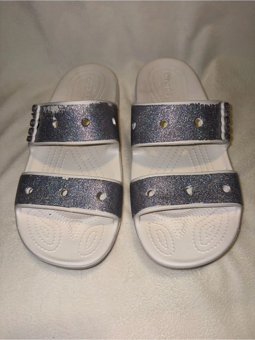 Crocs Women's Double Band Glitter Slide Sandals - White with Sparkle women size
